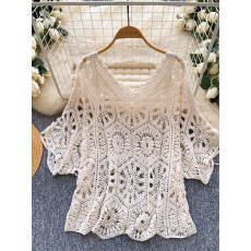 批发<b class='q'>韩版</b>镂空钩花短袖宽松开衫女夏季甜美百搭显瘦针织罩衫通勤上衣
