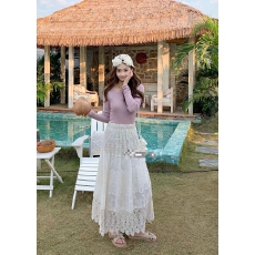 批发重工蕾丝钩花半身裙女早春<b class='q'>复古</b>松紧腰显瘦大裙摆蛋糕裙百褶a字裙