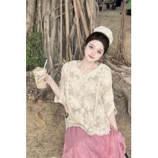 批发钩花镂空V领短袖蕾丝上衣春夏季新款大码女装胖mm法式遮肚<b class='q'>罩衫</b>