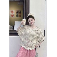 批发钩花镂空V领短袖蕾丝上衣春夏季新款大码女装胖mm法式遮肚<b class='q'>罩衫</b>