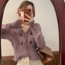 批发v领长袖针织<b class='q'>开衫</b>外套短款<b class='q'>毛衣</b><b class='q'>女</b>新款春秋法式温柔上衣潮