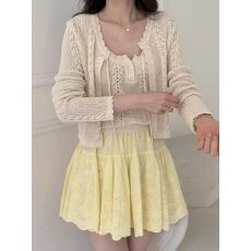 批发十三行女装设计感钩花<b class='q'>镂空</b>薄款针织<b class='q'>开衫</b>+花边背心上衣两件套装潮