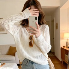 批发早<b class='q'>春</b>韩系镂空薄款针织衫女夏季宽松慵懒防晒罩衫上衣