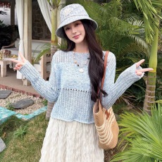 批发法式镂空蓝色长袖针织罩衫女夏季薄款吊带外搭宽松短款空调衫上衣