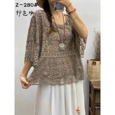 批发<b class='q'>大码</b>女装遮肚子重工钩花V领蕾丝衫女夏季胖妹妹宽松显瘦薄款上衣