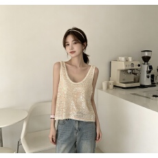 批发2026夏季新品 女装 圆领时尚珠片饰宽松吊带<b class='q'>上衣</b>