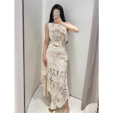 批发复古欧美辣妹风镂空网纱钩花设计感套装女无袖背心+高腰半身裙