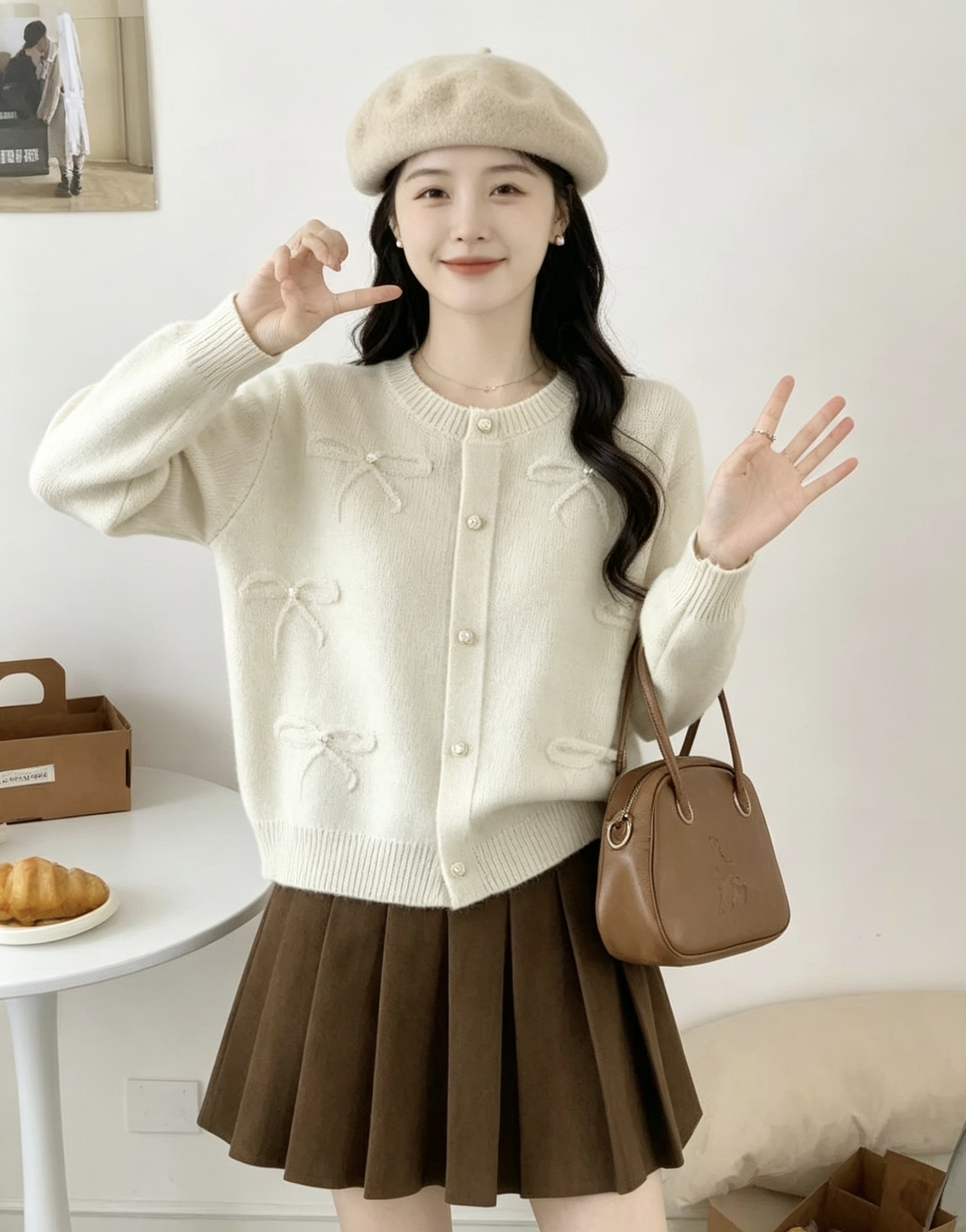 가을 새로운 여성 의류 달콤함 나비 매듭 무늬 진주 싱글 줄 버튼 라운드 넥 니트 스웨터 오픈 가디건