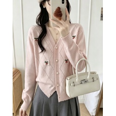 批发小清新<b class='q'>甜美</b>樱桃蝴蝶结毛衣外套秋冬韩版洋气减龄针织开衫温柔上衣