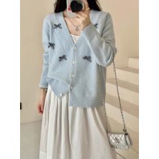 批发韩系奶fufu蓝色蝴蝶结针织开衫女秋季慵懒毛衣外套小个子<b class='q'>甜美</b>上衣