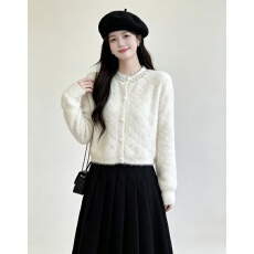 批发<b class='q'>甜美</b>淑女风白色钉珠毛绒亮片圆领开衫女春秋季小香风洋气减龄毛衣