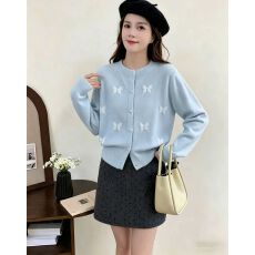 批发蝴蝶结圆领毛衣<b class='q'>外套女</b>秋冬短款法式小香风慵懒软糯针织开衫