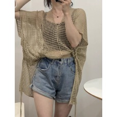 批发薄款洋气小众V领防晒镂空上衣女韩版宽松时尚新款百搭网格<b class='q'>罩衫</b>