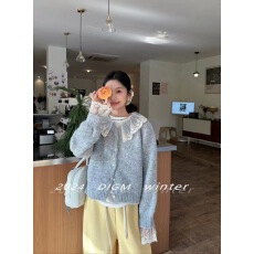 批发翻领针织衫开衫女 秋冬新款拼色休闲上衣短款毛衣外套