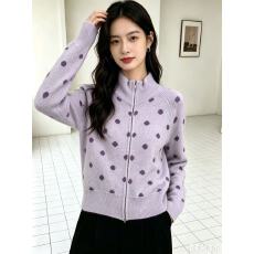 批发美式复古波点蓝色<b class='q'>开衫</b>毛衣外套女早秋季短款软糯慵懒风<b class='q'>针织衫</b>上衣