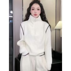 批发韩系高级感撞色半拉链高领针织衫女秋冬<b class='q'>修身</b>百搭毛衣保暖打底上衣