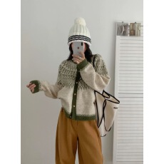 批发高级感复古撞色提花毛衣开衫外套女<b class='q'>秋</b>冬加厚宽松慵懒风针织衫上衣