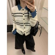 批发2026年早春新款韩版条纹撞色衬衫领针织开衫<b class='q'>女</b><b class='q'>毛衣</b>假两件宽松外穿