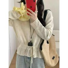 批发法式甜美镂空V领针织开衫女春秋宽松外穿设计感小众抽绳毛衣外套