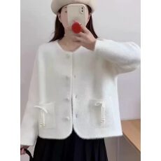 批发小香风圆领开衫水貂绒毛衣外套女2026秋装新款高级感减龄甜美上衣