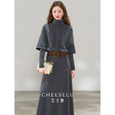 批发慵懒风<b class='q'>高领</b>麻花短袖针织毛衣＋叠穿长袖长款<b class='q'>连衣裙</b>套装+腰带3件套