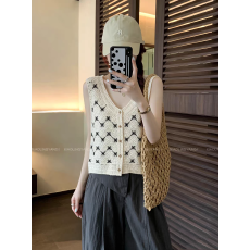 批发法式蝴蝶结绣花镂空针织背心女<b class='q'>夏</b>季新款V领薄款透气温柔马甲上衣