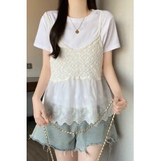批发大码胖mm高级感小清新套装女夏季蕾丝吊带<b class='q'>背心</b><b class='q'>短</b>袖T恤上衣两件套