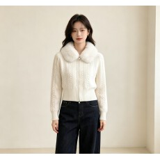 批发美式复古名媛毛领竖条麻花纹针织衫外套女<b class='q'>秋</b>冬慵懒风宽松毛衣女