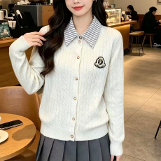 批发2026早春学院风POLO领假两件条纹拼接针织开衫女气质上衣