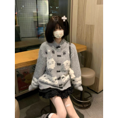 批发可爱日系宅萌软妹灰色小猫毛衣女秋<b class='q'>冬</b>宽松针织开衫外套
