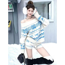 批发费尔岛套装女早春季巨好看一字肩针织衫毛衣上衣<b class='q'>短裤</b>子两件套