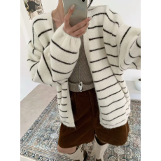 批发韩系条纹毛衣外套女短款长袖秋宽松慵懒风松弛灯笼袖针织<b class='q'>开衫</b>上衣