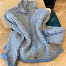 批发翻领纽扣针织<b class='q'>开衫</b>女2026新款加厚撞色滚边毛衣外套初秋穿搭