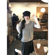 批发韩系麻花圆领百搭短袖叠穿<b class='q'>开衫</b>毛衣女秋冬新款宽松甜美<b class='q'>针织衫</b>外套