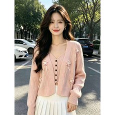 批发韩系甜美立体小花针织套装软糯坑条短款<b class='q'>开衫</b>内搭吊带温柔两件套