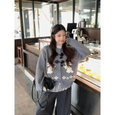 批发学院风牛角扣兔子提花毛衣<b class='q'>女</b>秋<b class='q'>新款</b>时尚洋气长袖宽松百搭针织开衫