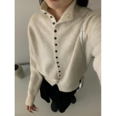 批发法式慵懒风小立领针织开衫女秋季新款宽松软糯毛衣单排扣外套上衣