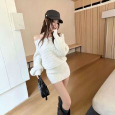批发辣妹纯欲风一字肩<b class='q'>钉珠</b>针织<b class='q'>连衣裙</b>女秋冬季显瘦修身气质包臀裙子潮
