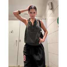 批发人棉260克#原版做工#条纹撞色连帽<b class='q'>背心女</b>字母烫钻口袋设计感上衣