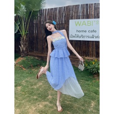 批发旅行拍照穿搭套装夏日小清新蓝色格子<b class='q'>吊带</b>抹胸上衣网纱半身裙显瘦