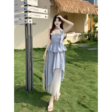 批发超仙森系小清新穿搭套装裙夏立体花朵抹胸<b class='q'>吊带</b>上衣网纱格子半身裙