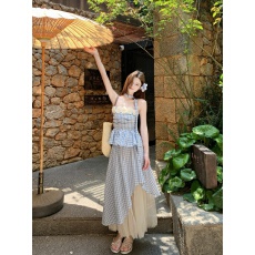 批发韩系少女甜妹格子<b class='q'>吊带</b>抹胸上衣拼接网纱不规则半身裙显瘦温柔套装
