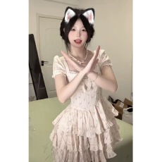 批发甜美少女蛋糕裙夏方领蝴蝶结收腰显瘦<b class='q'>蓬蓬</b><b class='q'>短裙</b>子碎花小个子连衣裙