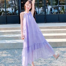 批发超仙挂脖度假风名媛淑女紫色<b class='q'>连衣裙</b>设计感宽松显瘦无袖法式长裙子