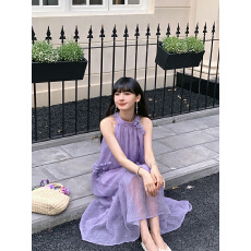 批发温柔紫色无袖<b class='q'>连衣裙</b>夏季新款度假风超好看高级感花朵甜美长裙子