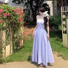 批发夏日超好看多巴胺穿搭减龄裙子气质条纹拼接蕾丝边吊带度假长裙子