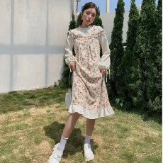 批发设计感甜美碎花拼接假两件长袖<b class='q'>连衣裙</b>女韩版收腰显瘦长款A字裙子