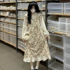 批发2026学院风假两件长袖碎花<b class='q'>连衣裙</b>女夏季设计感气质收腰显瘦长裙子