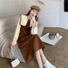 批发长袖假两件<b class='q'>连衣裙</b>2026春季复古收腰显瘦撞色设计感气质a字裙长裙