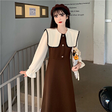 批发复古气质温柔风长袖<b class='q'>连衣裙</b>2026拼接撞色收腰显瘦韩版轻奢风长裙子